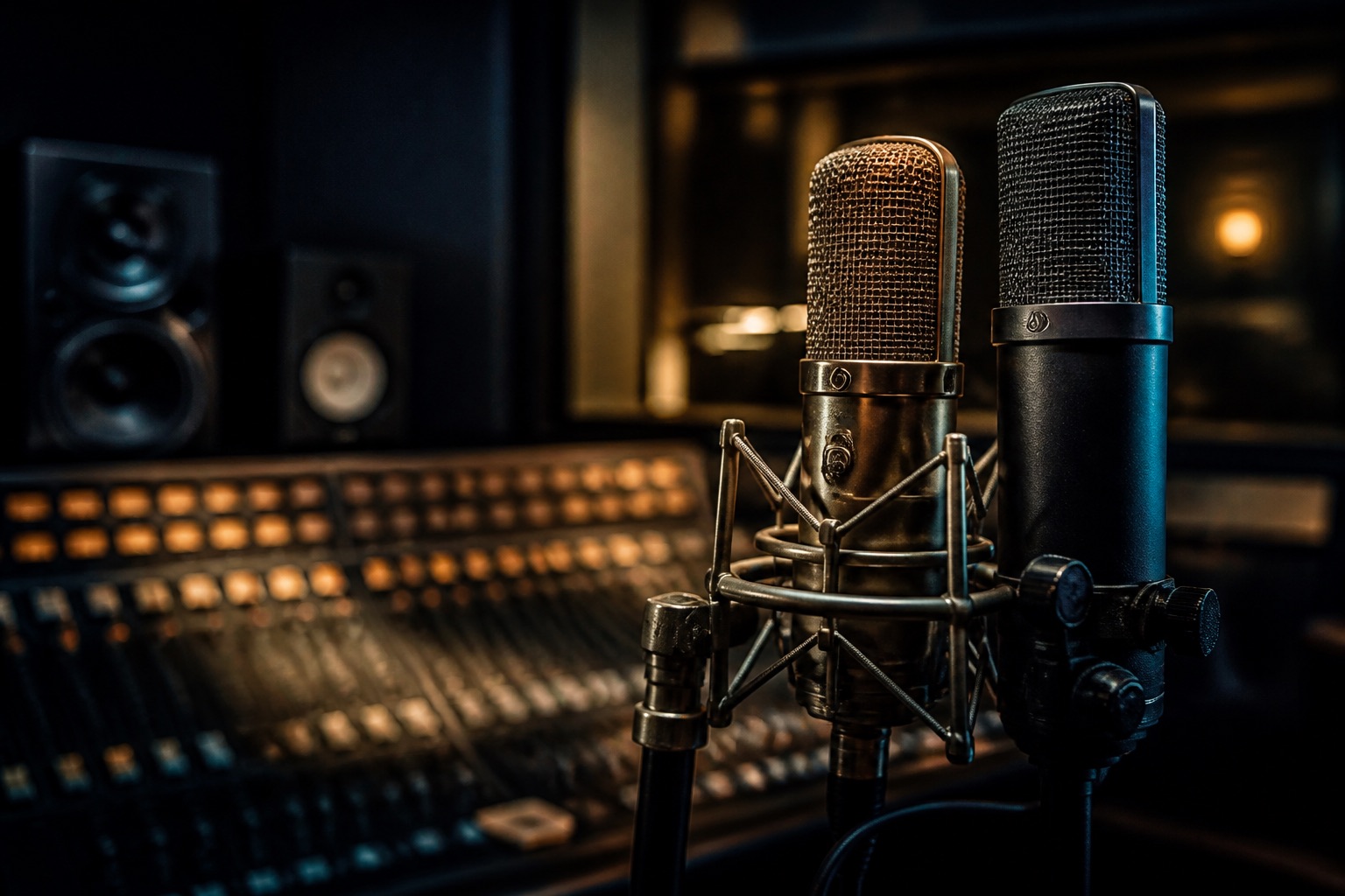 Studio microphones in a dim recording booth.